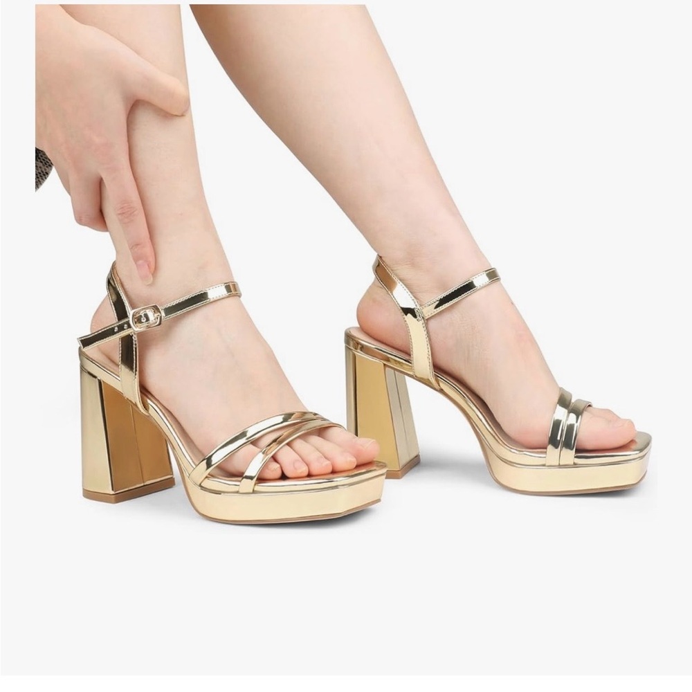Metallic Gold Platform Block Heels with Ankle Strap